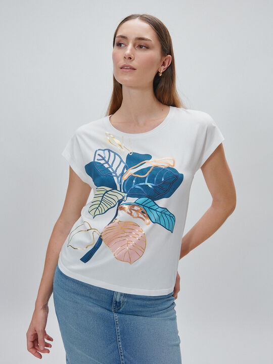 CAMISETA FLORES LENTEJUELAS Blanco Optico image number null